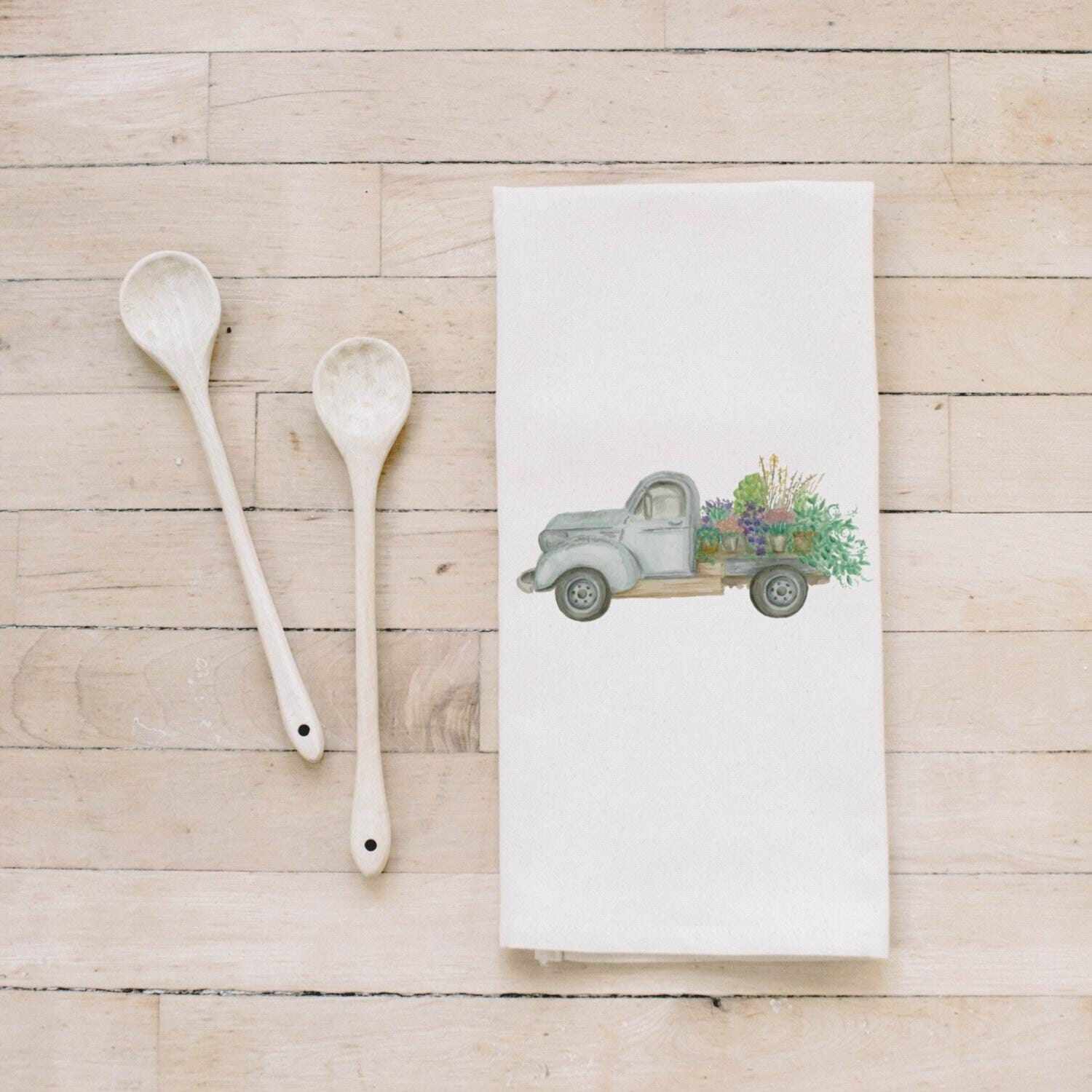 Tea Towel - Floral Truck Watercolor - Made in the USA housewarming gift, kitchen decor, anniversary present, spring, summer