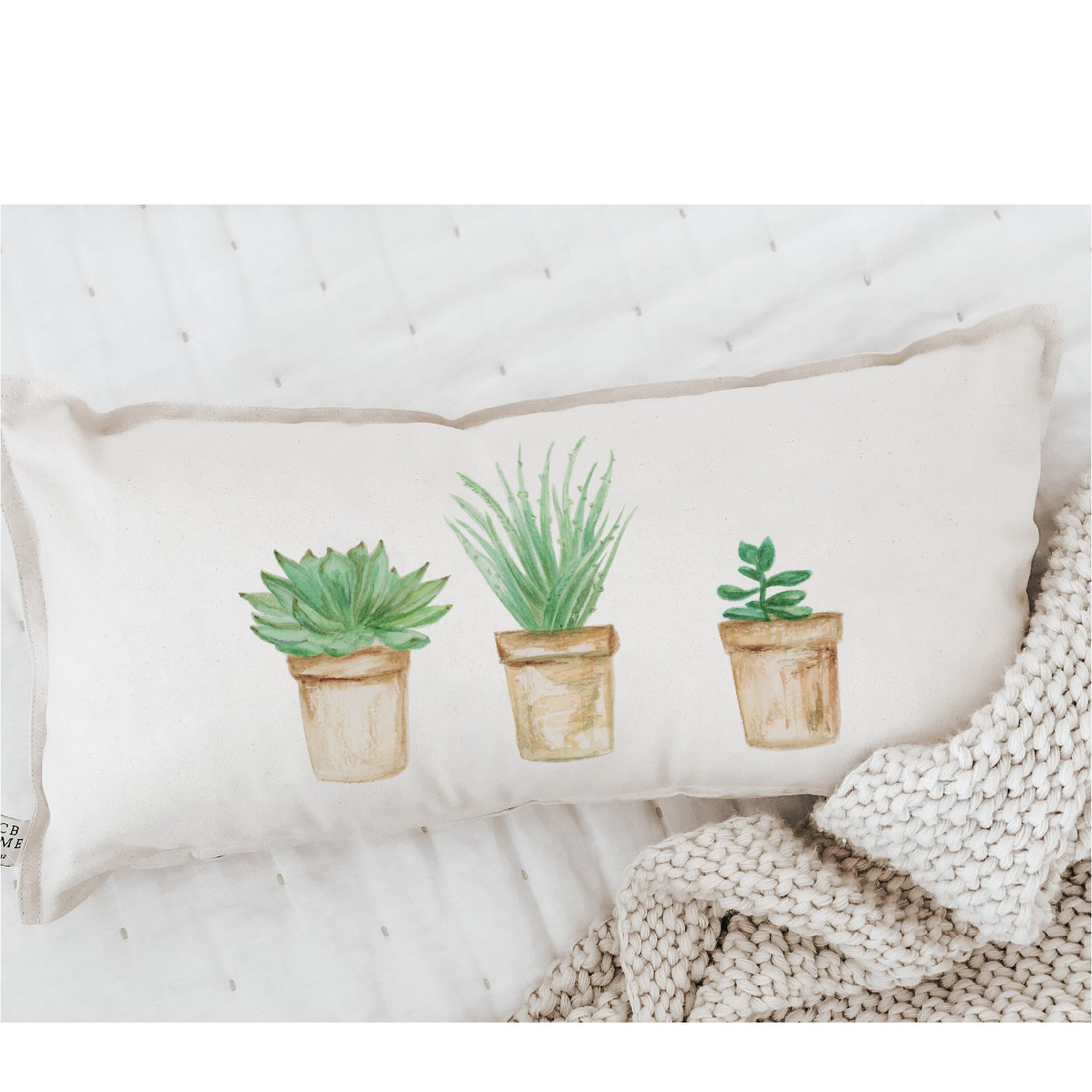 Succulent Lumbar Pillow: Watercolor Potted Plants, Organic Cotton