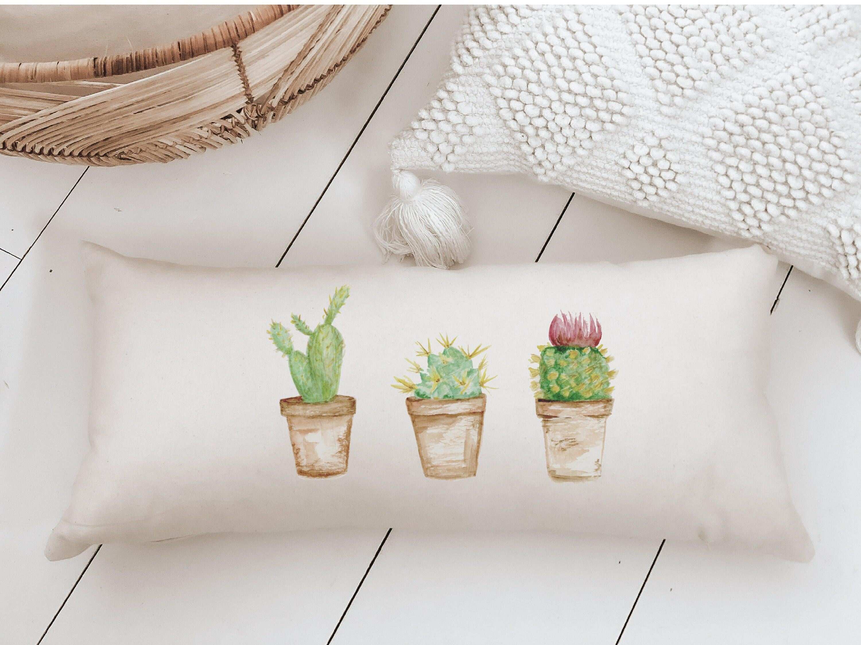 Lumbar Pillow - Cactus Watercolor - Spring, Summer, Handmade in USA, 100% Organic Cotton, Calligraphy Home Décor, Housewarming Gift