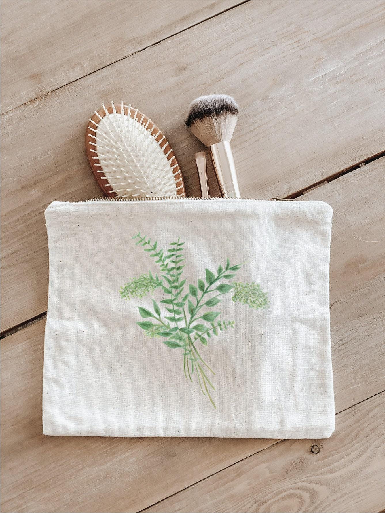 Eucalyptus Watercolor Cosmetic Bag: Handmade Organic Cotton Pencil Case