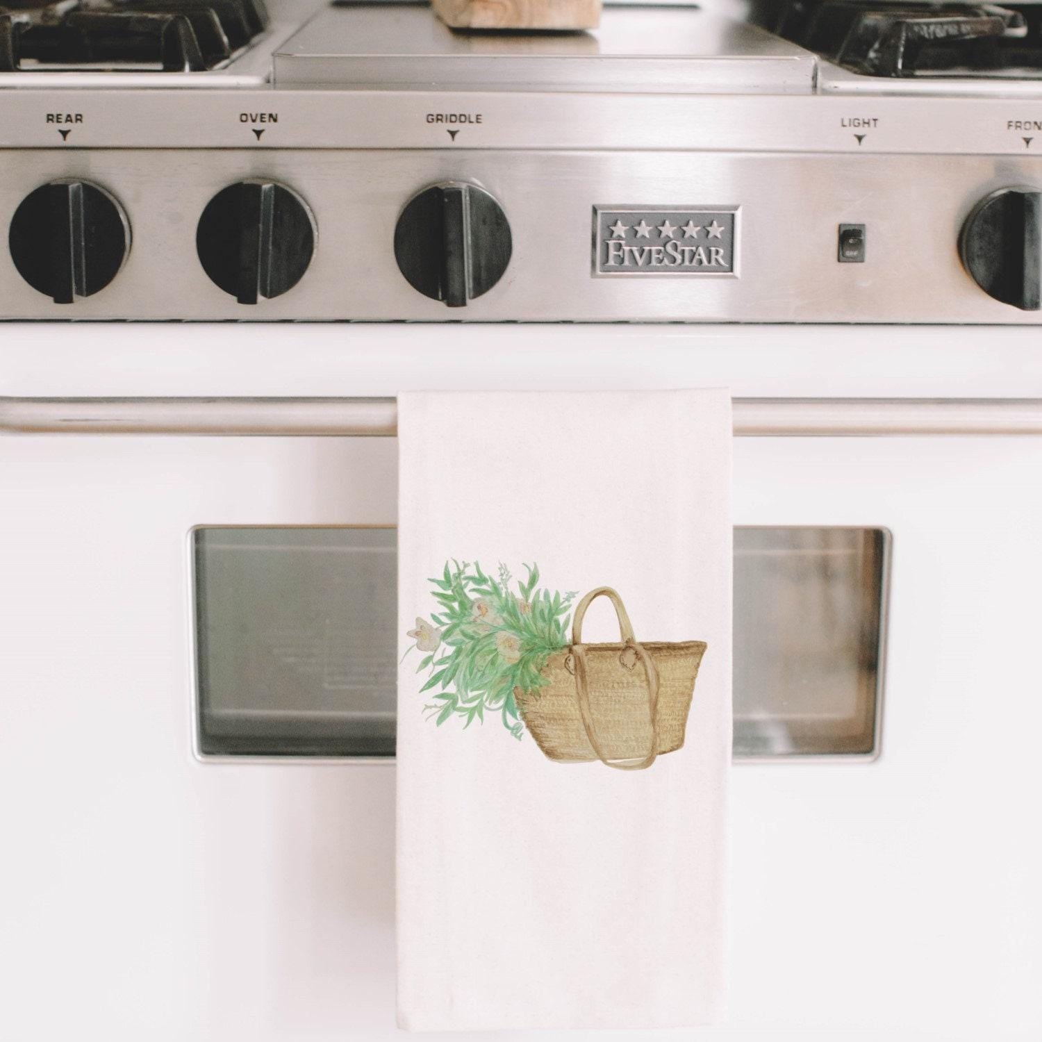 Market Basket Flowers Tea Towel: Organic Cotton Watercolor Kitchen Decor