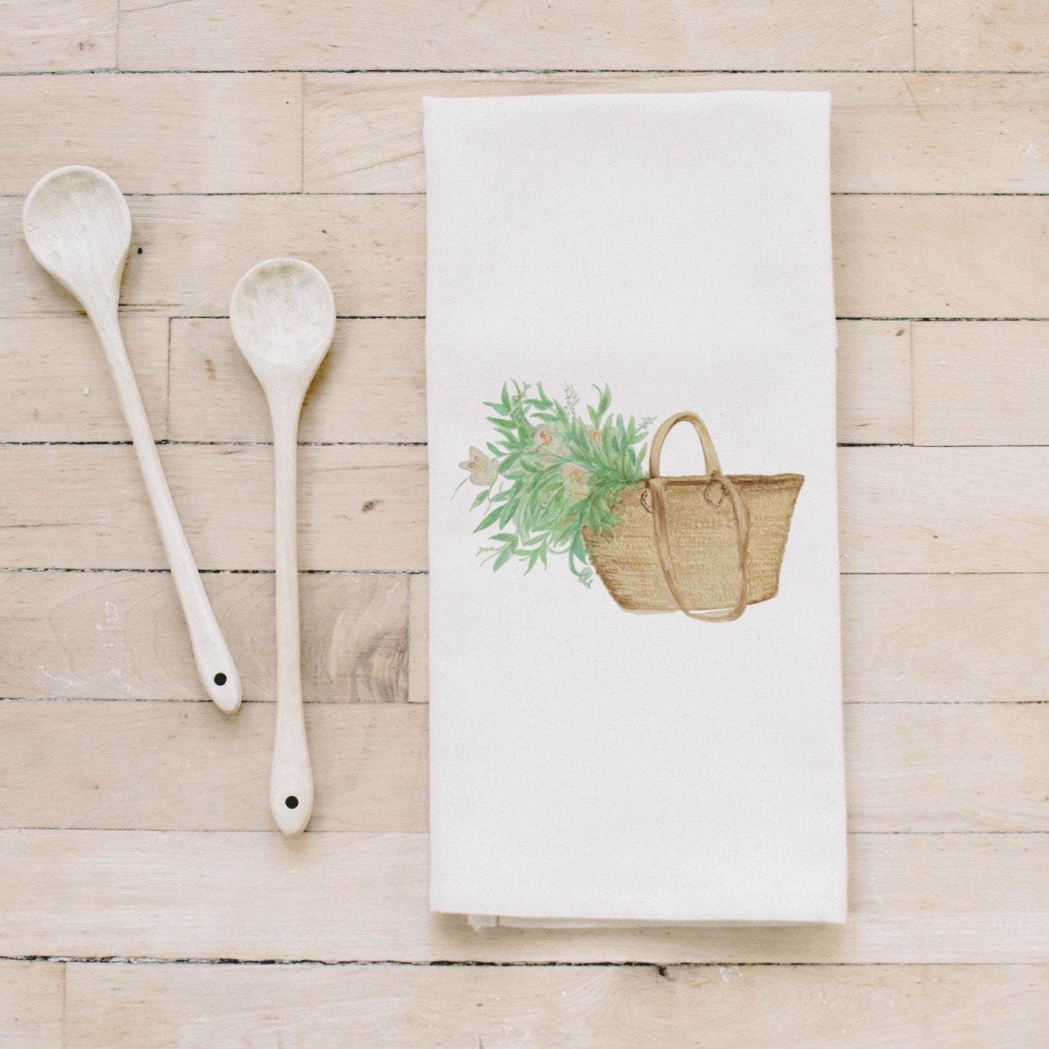Market Basket Flowers Tea Towel: Organic Cotton Watercolor Kitchen Decor