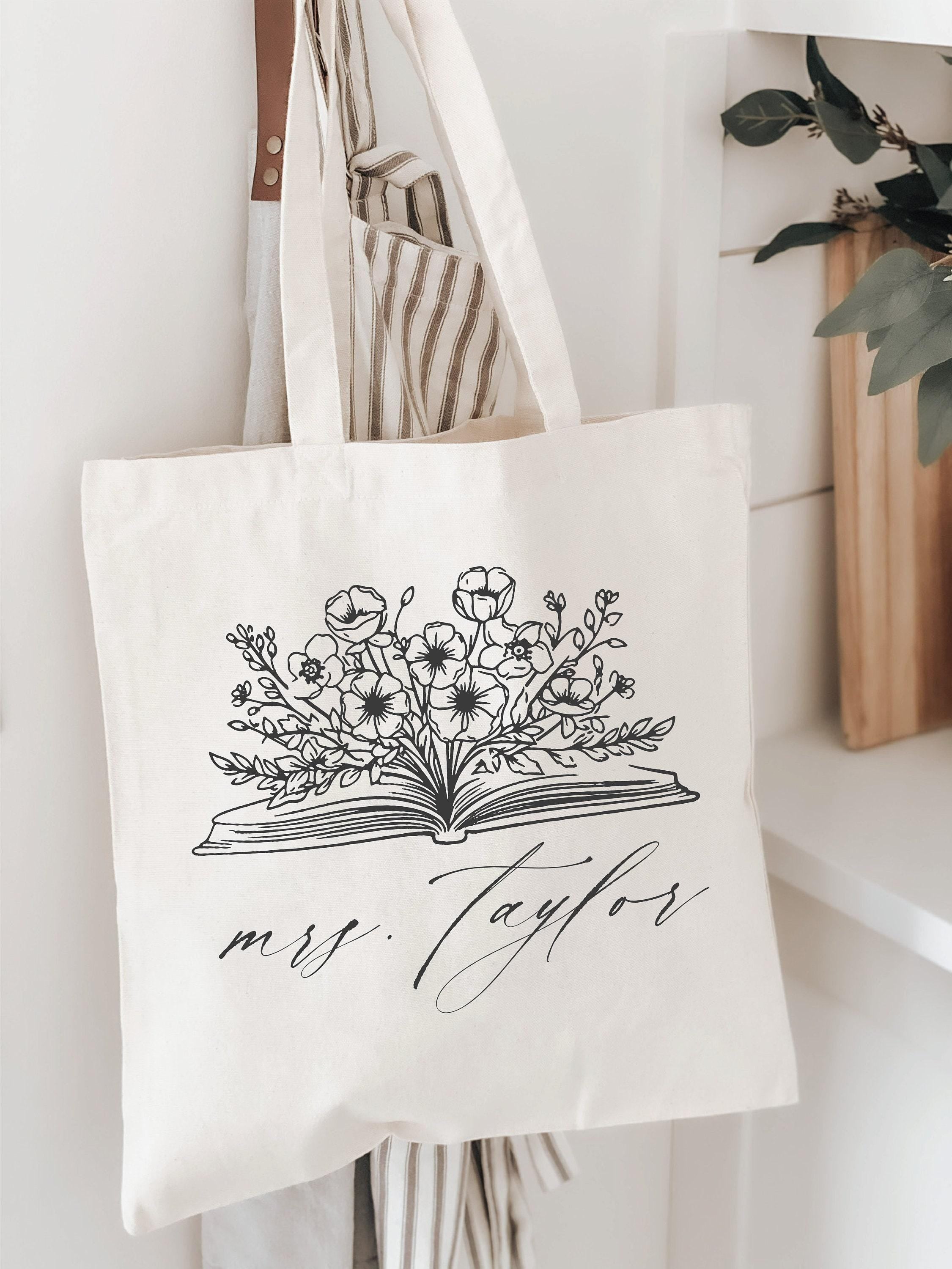 Tote Bag - Floral Book - personalized teacher gift, present, book lover, library bag, women's gift