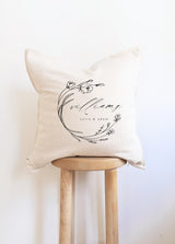 Throw Pillow - Personalized Last Name Floral Wreath - Wedding gift, new couple, marriage, handmade, first home decor, 100% organic cotton