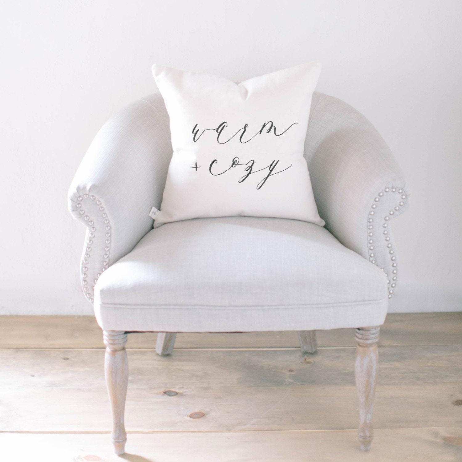 Throw Pillow - Warm + Cozy, calligraphy, home decor, fall decor, housewarming gift, cushion cover, throw pillow, seasonal pillow