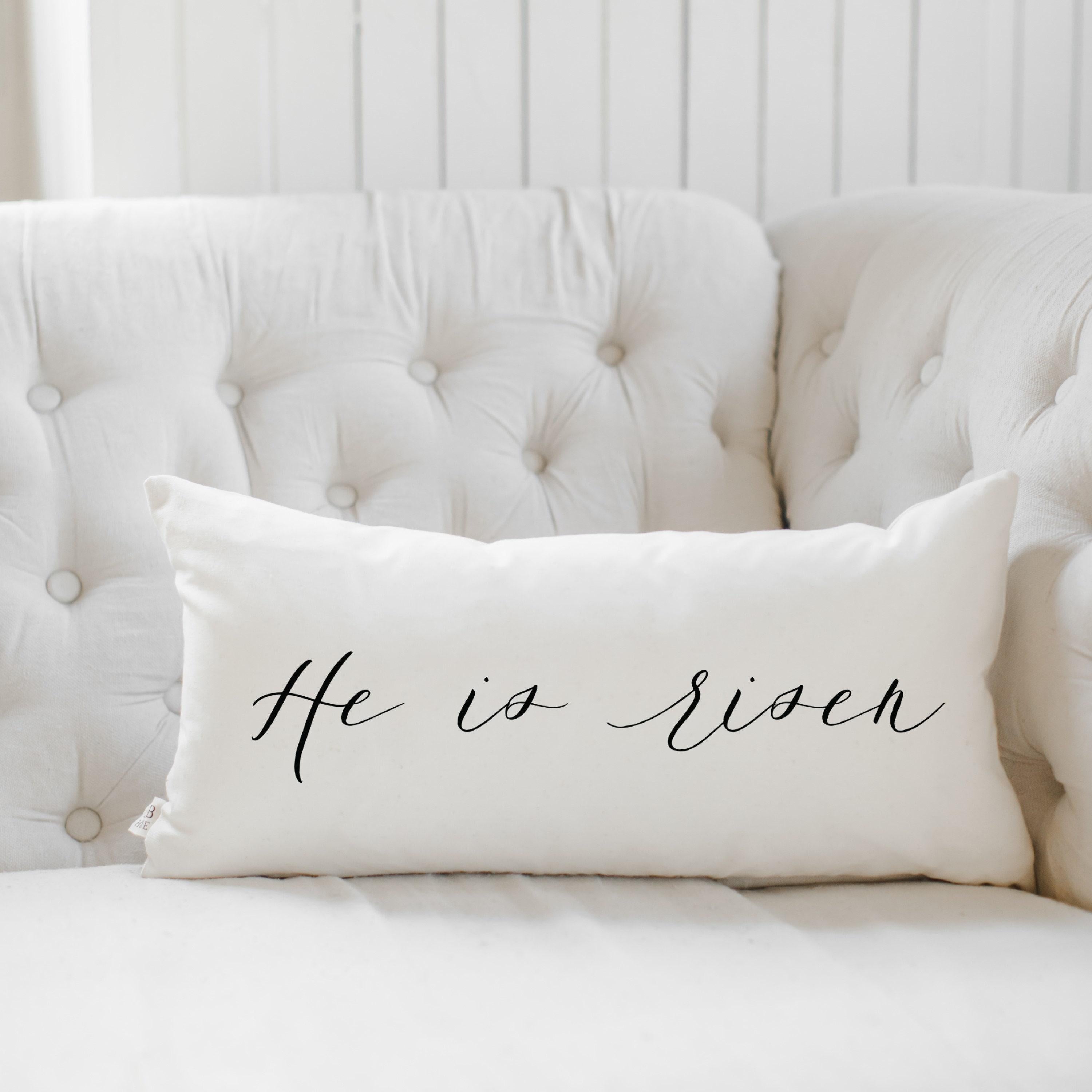He is Risen Lumbar Pillow: Organic Cotton Calligraphy Easter Decor