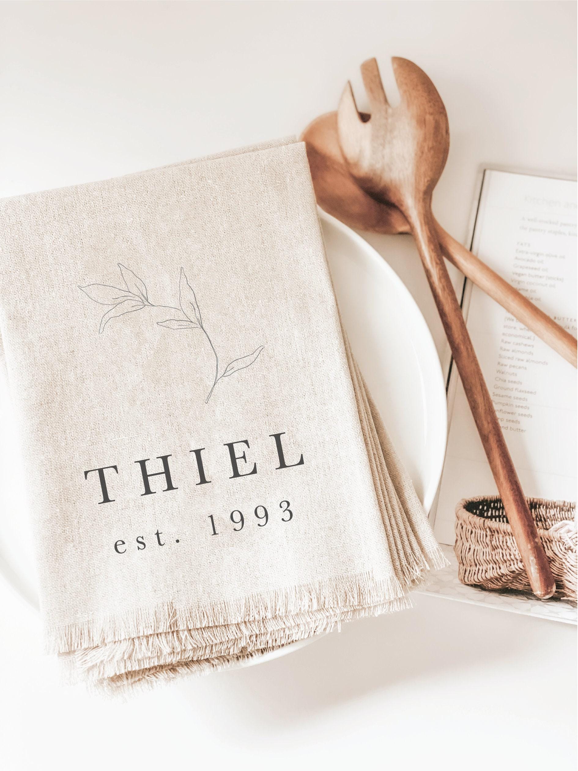 Napkin - Personalized Last Name and Date With Laurel - new design, home decor, wedding decor, newlywed gift, table ware, dining set, rustic