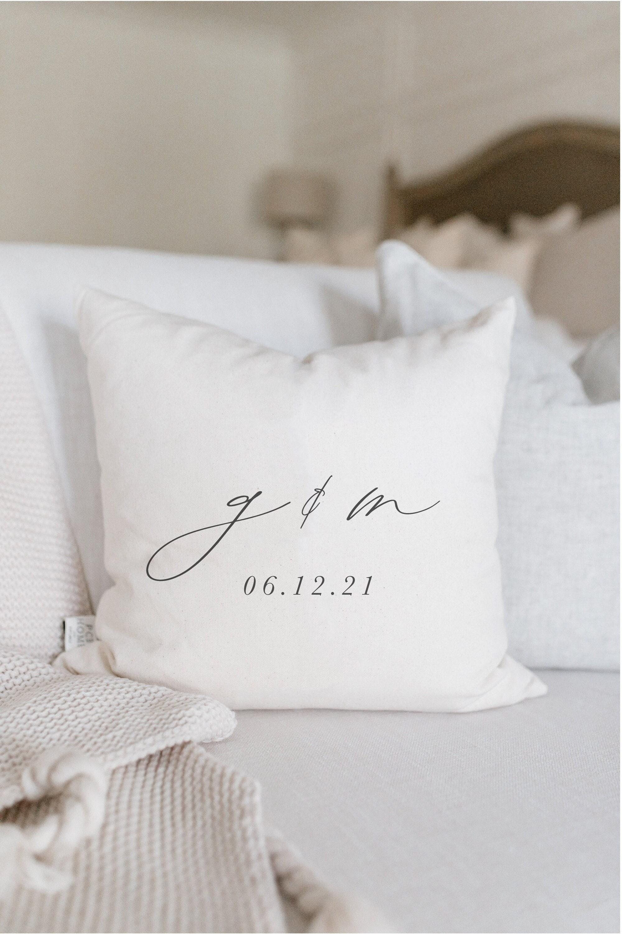 Throw Pillow - Personalized Initials and Date - Handmade in USA, 100% Organic Cotton, Calligraphy Home Decor, wedding gift