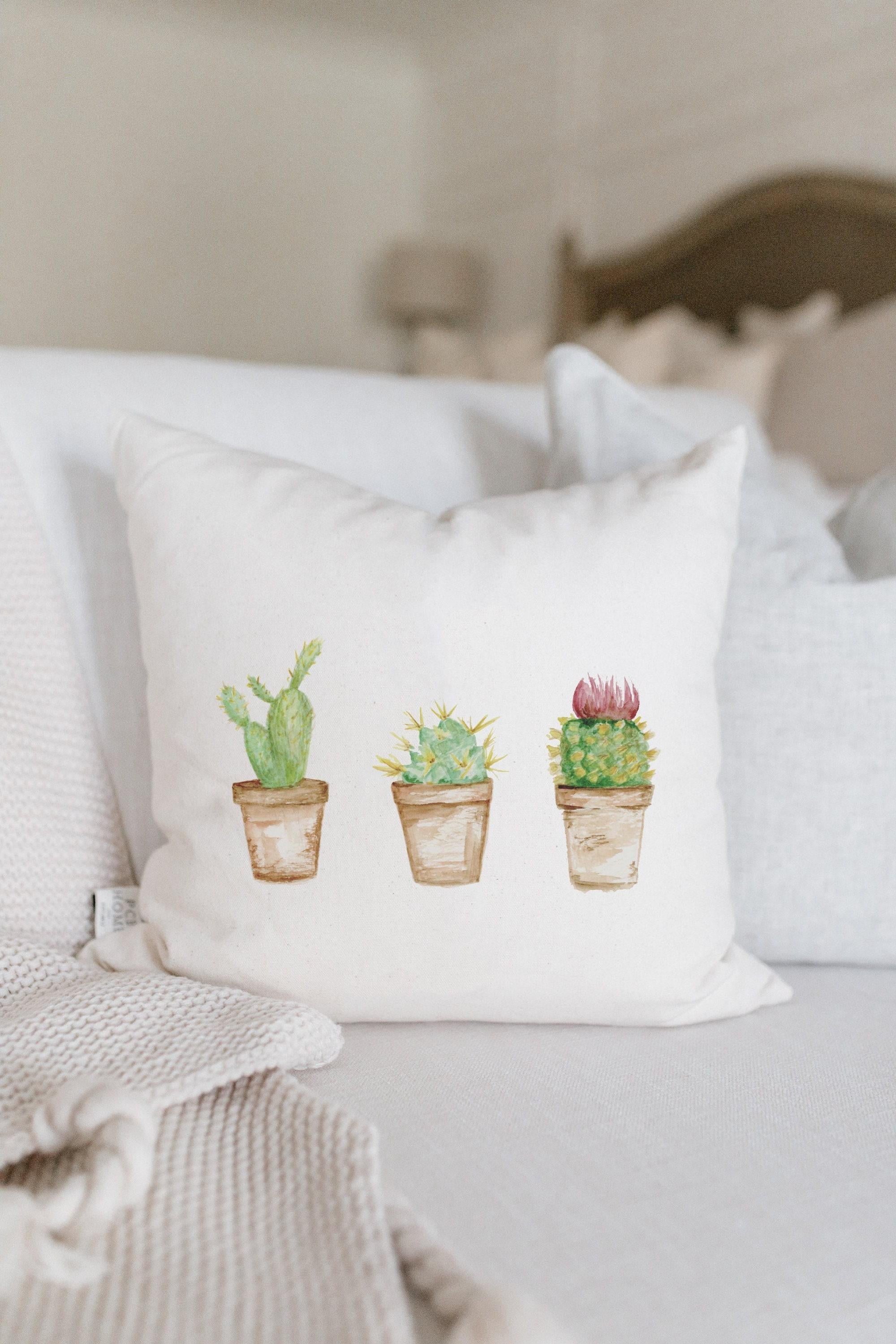 Throw Pillow -  Cactus Watercolor - Summer, Spring, Handmade in USA, 100% Organic Cotton, Home Décor, Housewarming gift, Cushion Cover