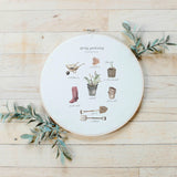 Embroidery Hoop - Garden Essentials Watercolor, home decor, spring decor, present, housewarming gift, rust decor