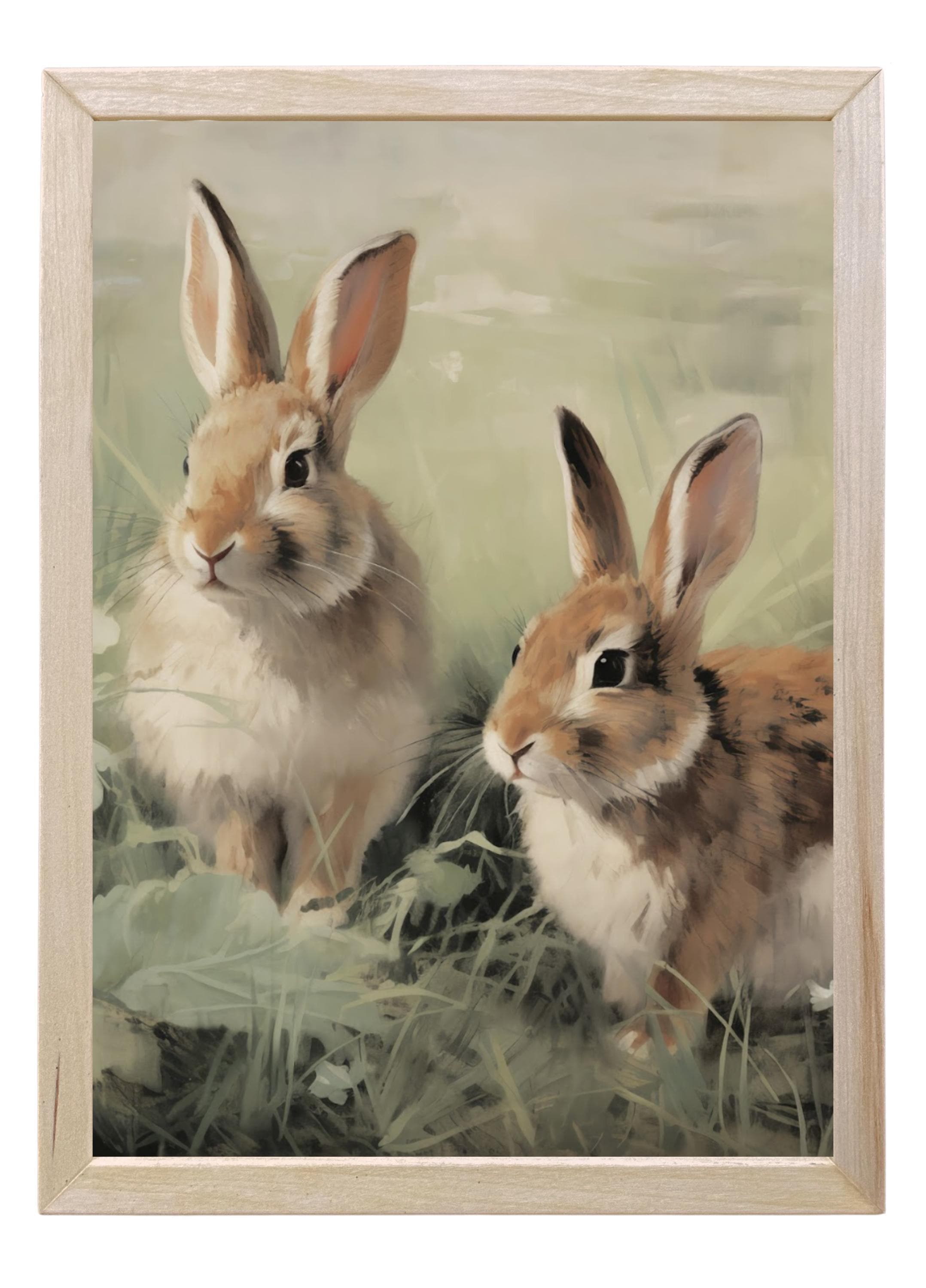 Wood Framed Print - Bunnies - Handmade in USA, gallery wall art, framed decor