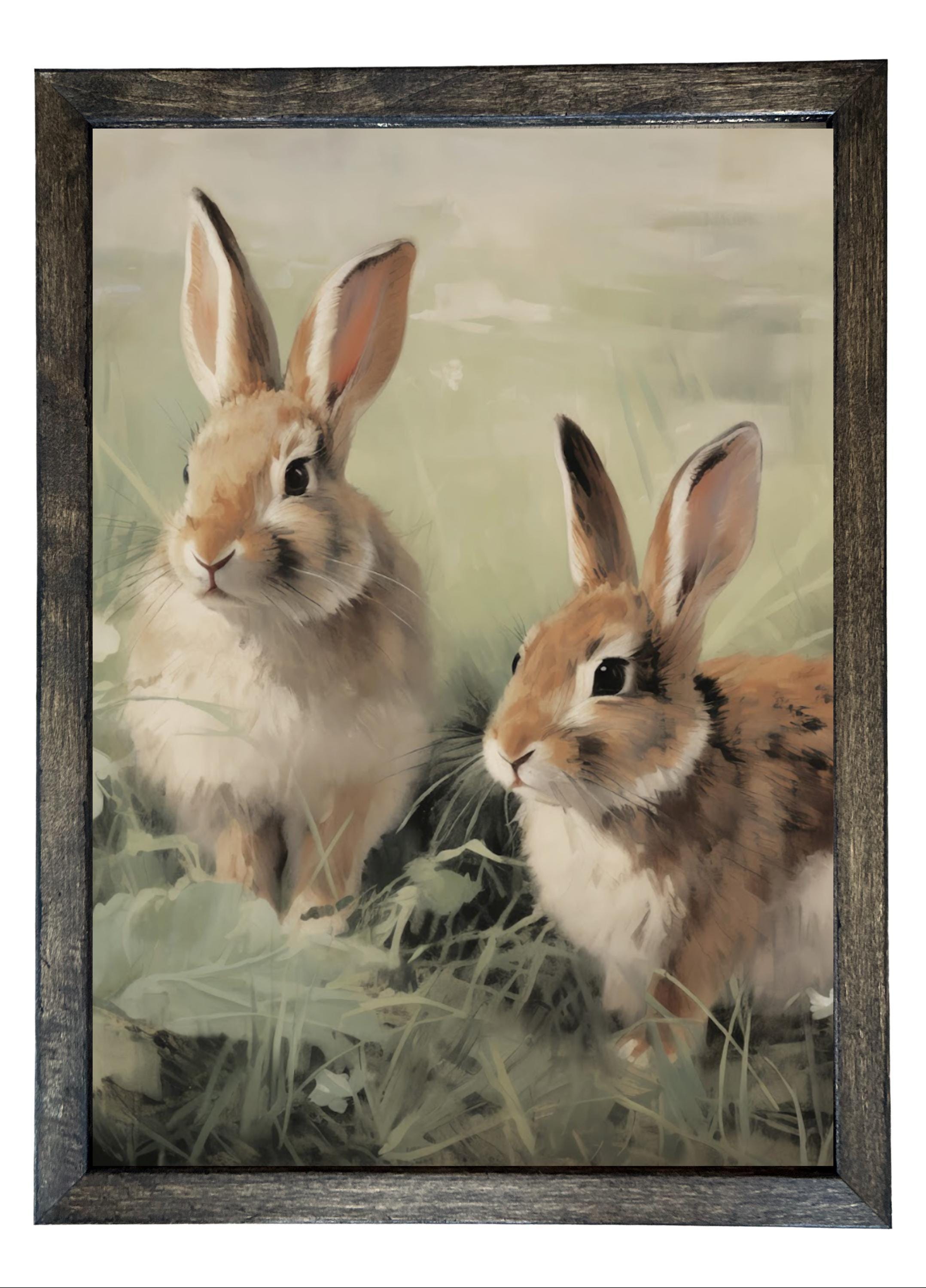 Wood Framed Print - Bunnies - Handmade in USA, gallery wall art, framed decor