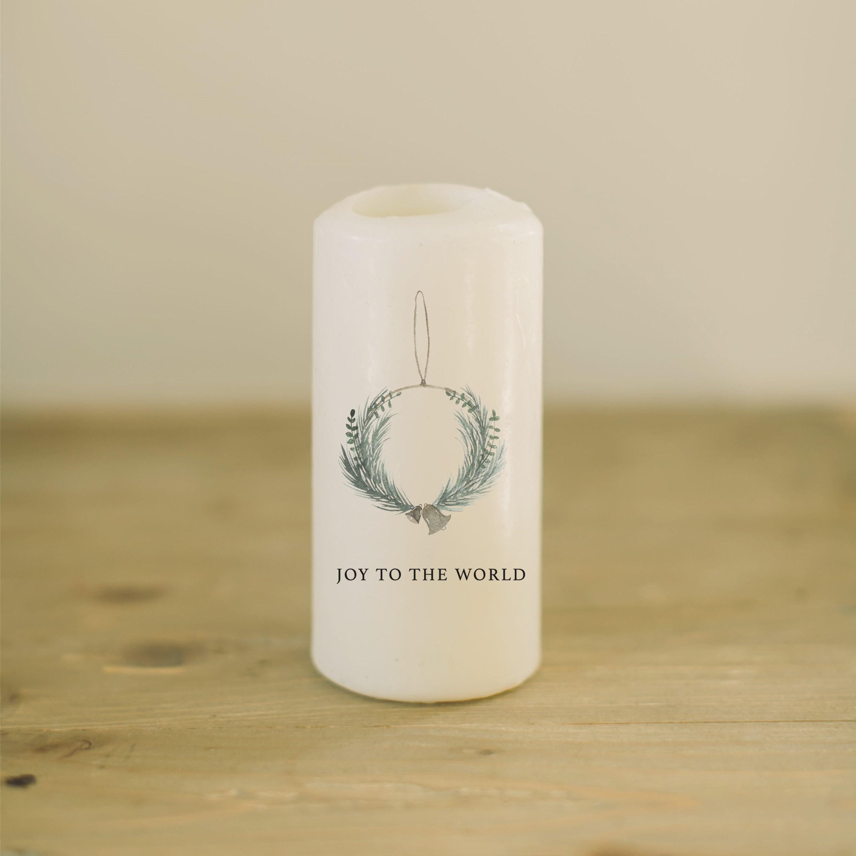 Christmas Pillar Candle - Joy to the World Wreath, home decor, housewarming gift, rustic, Christmas Decor, Holiday Decor,