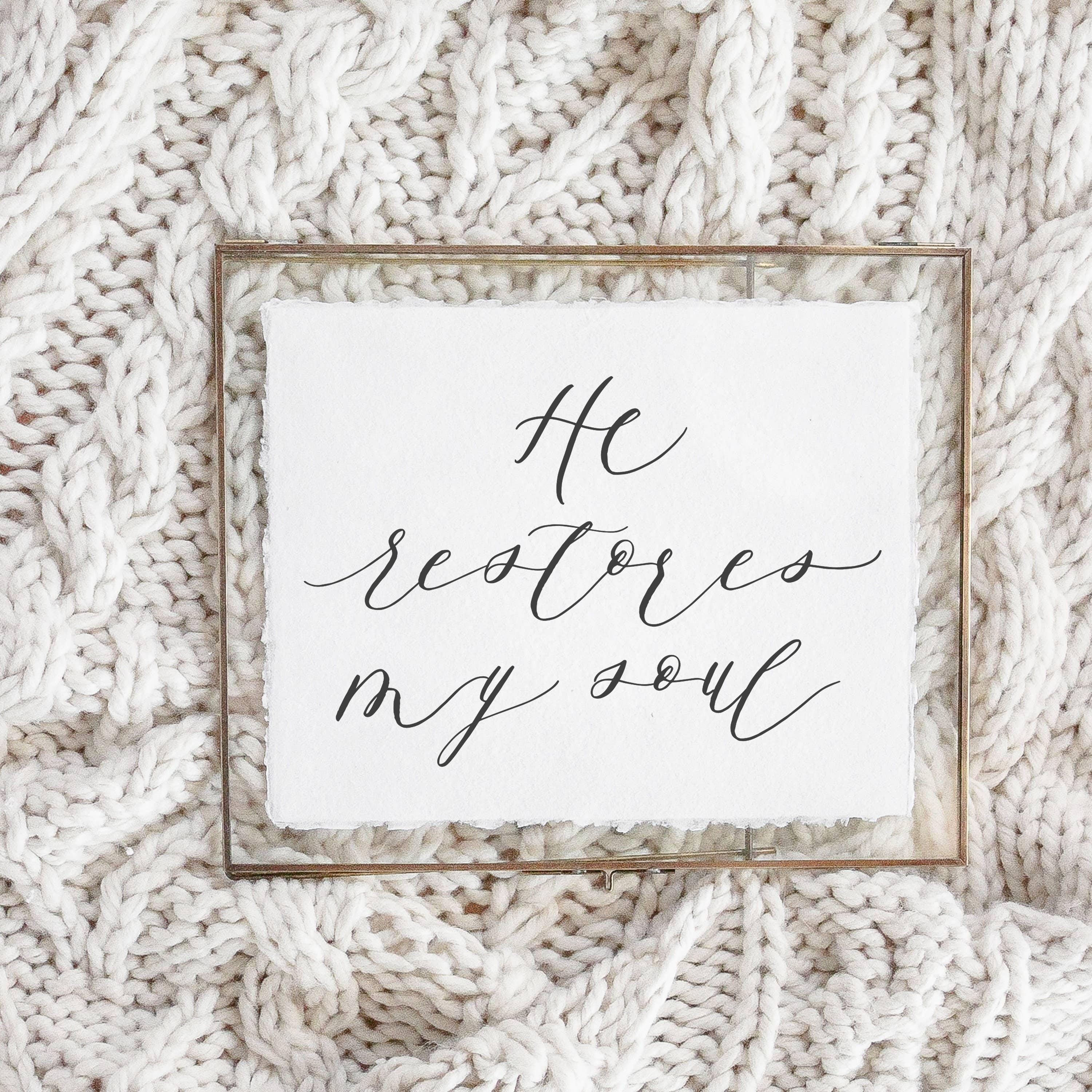 Glass Table Frames & Cards - He Restores My Soul