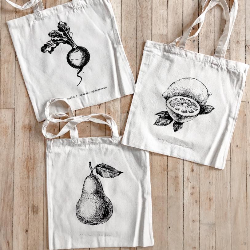 Tote Bags - FruitsVeggies Black + White