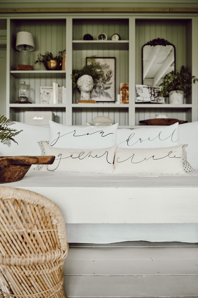 Cozy White Cottage Words Lumbar Pillow