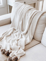 Cream With Faux Fur Poms Throw Blanket