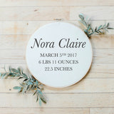 Personalized First + Middle Name Birth Stat Faux Embroidery Hoop