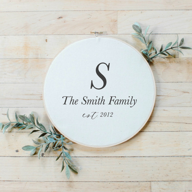 Personalized Family Initial + Last Name Faux Embroidery Hoop