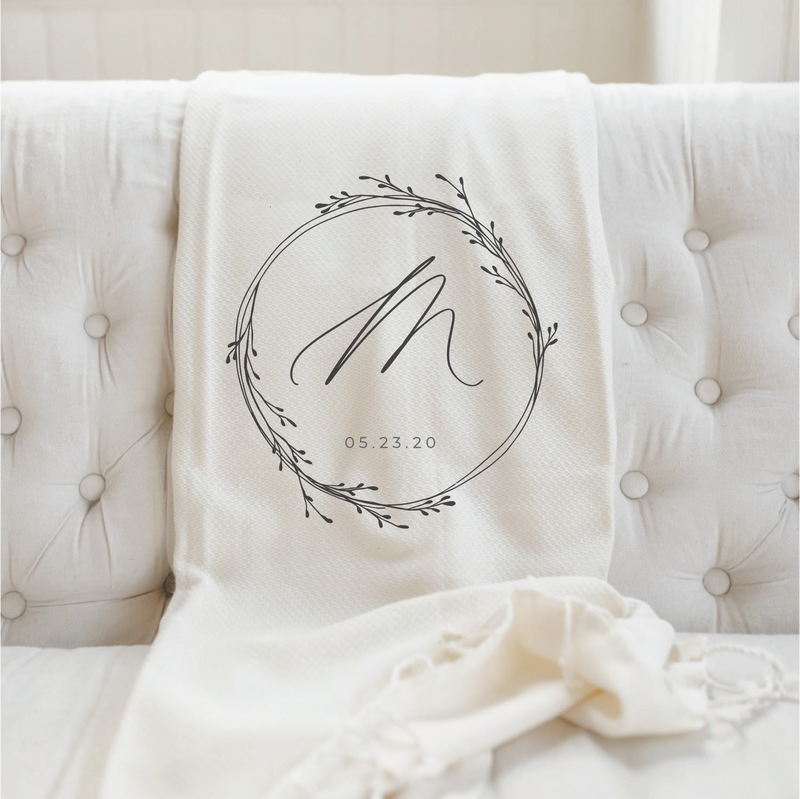 Personalized Initial with Wreath - New Design - Throw Blanket